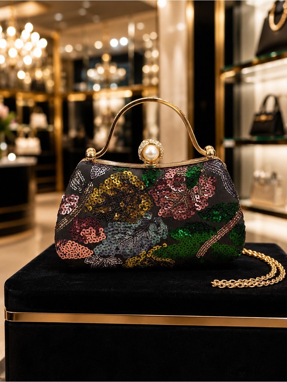 Multicolor Sequin Floral Top-Handle Evening Clutch with Gold Hardware